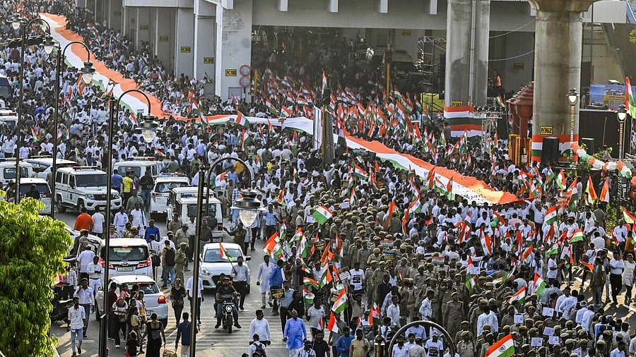 <div class="paragraphs"><p>People take part in a 'Tiranga Yatra' to express solidarity with the Indian armed forces, in Ahmedabad. </p></div>
