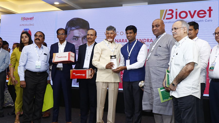 <div class="paragraphs"><p>N Chandrababu Naidu at the launch of LSD vaccine Biolumpivaxin with Dr. Raches Ella-CDO, Bharat Biotech and Biovet Team</p></div>