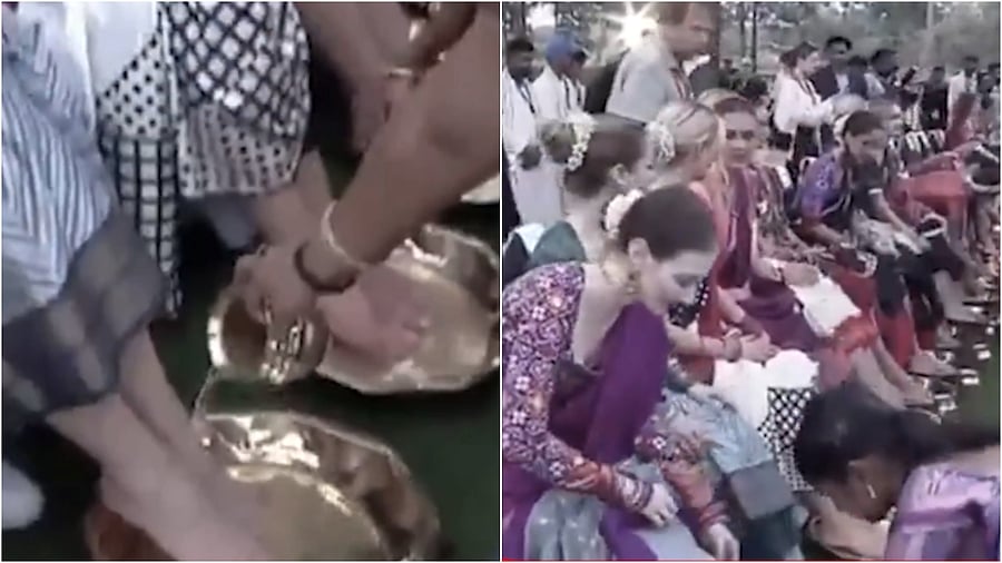 <div class="paragraphs"><p>Screengrab of video where Telangana women were seen helping to wash feet of Miss World contestants.&nbsp;</p></div>