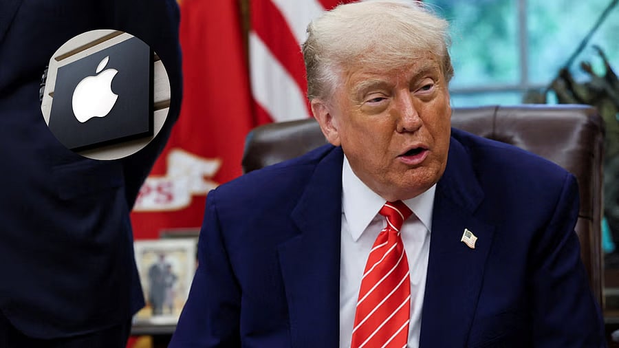 <div class="paragraphs"><p>US President Donald trump with an inset image showing Apple logo.</p></div>