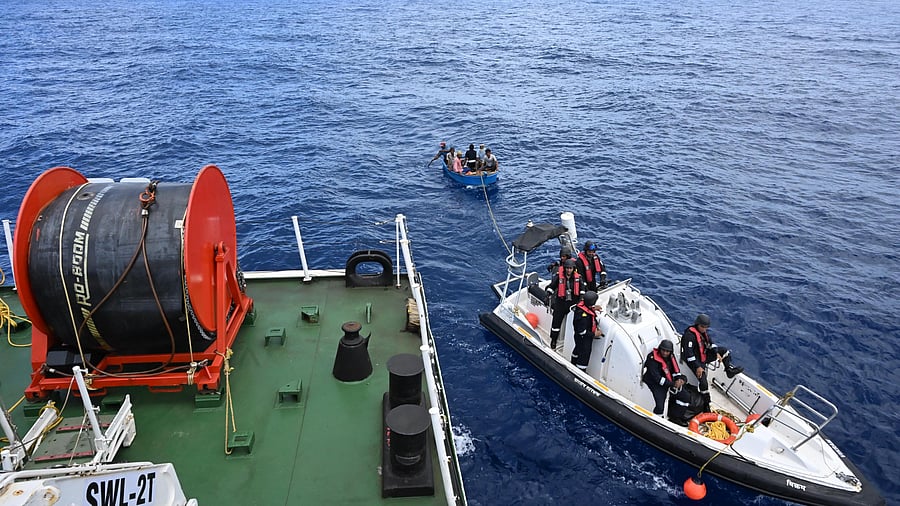 <div class="paragraphs"><p>Six members onboard of a cargo vessel MSV Salamath which sank 60-70 nautical miles Southwest of Mangaluru, being rescued by an Indian Coast Guard vessel. </p></div>