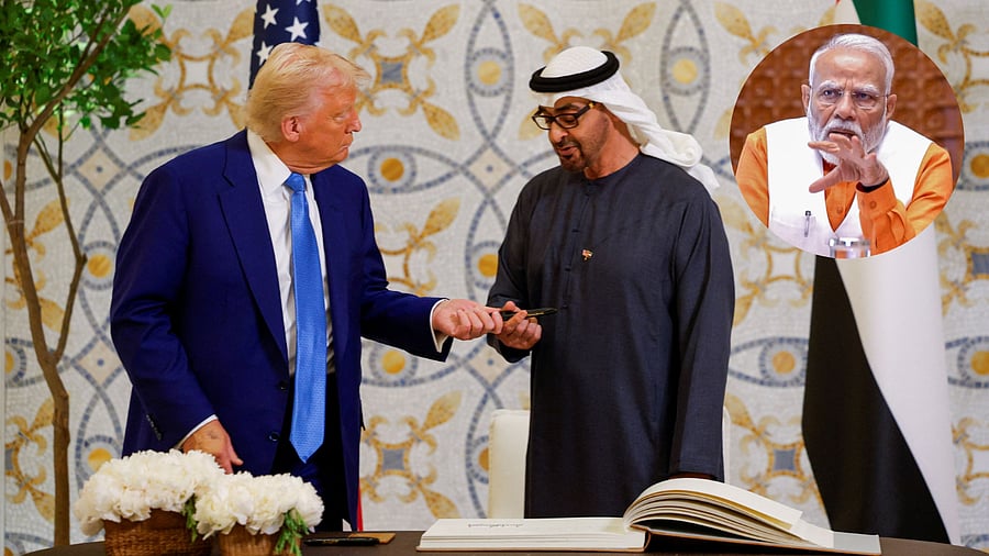 <div class="paragraphs"><p>US President Donald Trump meets United Arab Emirates President Sheikh Mohamed bin Zayed Al Nahyan, at Qasr Al Watan, in Abu Dhabi, United Arab Emirates, May 15, 2025. (Inset: India's Prime Minister, Narendra Modi)</p></div>
