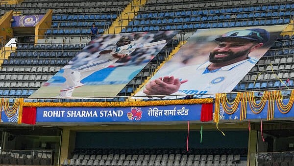<div class="paragraphs"><p>Rohit Sharma Stand being inaugurated at the Wankhede Stadium, in Mumbai, Friday, May 16, 2025.</p></div>
