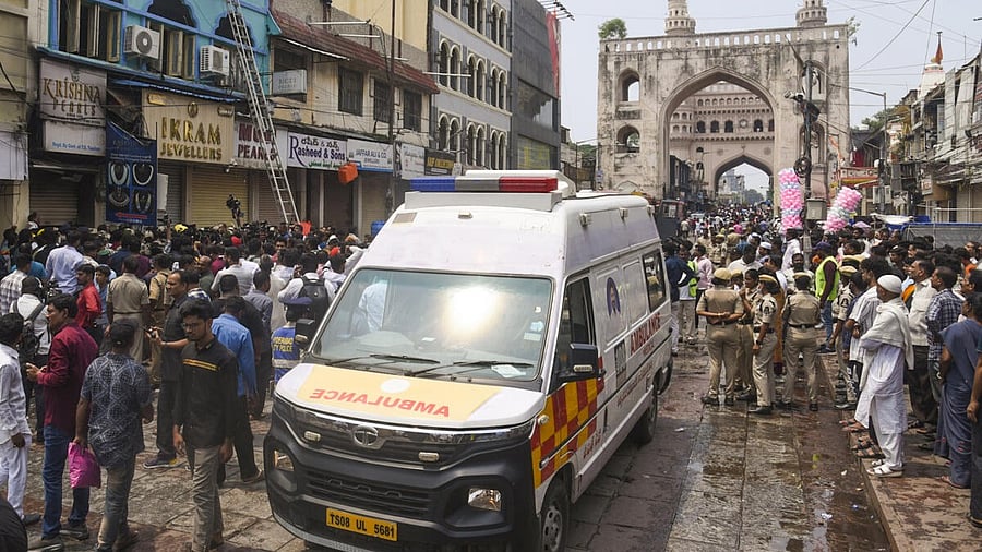 <div class="paragraphs"><p>Firefighters carry out rescue work after a fire broke out in a building near Gulzar Houz in the Old City area of Hyderabad in Telangana, Sunday, May 18, 2025. At least eight people lost their lives and several others injured in the tragic incident.</p></div>