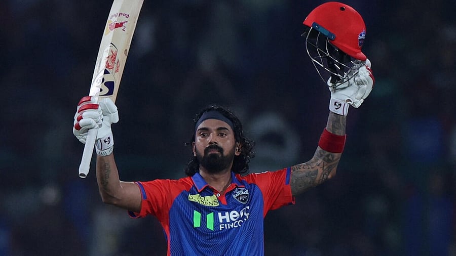 <div class="paragraphs"><p>Delhi Capitals' KL Rahul celebrates scoring his century</p></div>