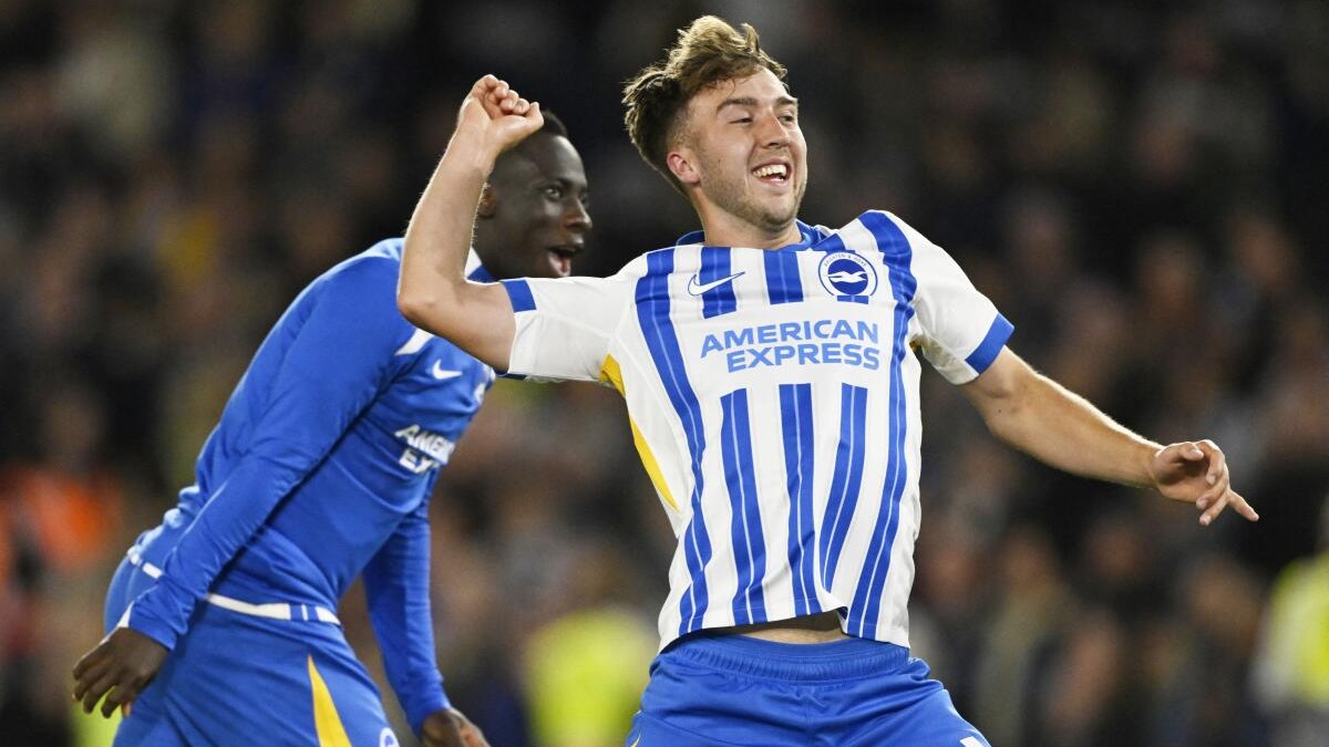 <div class="paragraphs"><p>Brighton &amp; Hove Albion's Yankuba Minteh and Jack Hinshelwood celebrate after the match.</p></div>