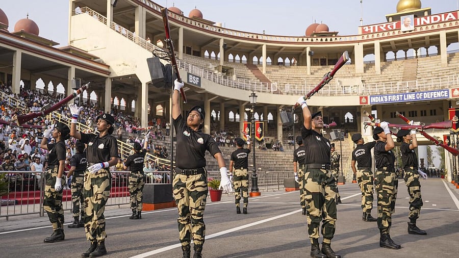 <div class="paragraphs"><p>BSF personnel during retreat ceremony at the Attari-Wagah border, near Amritsar.</p></div>
