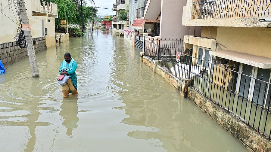 <div class="paragraphs"><p>A woman wades through a waterlogged Sai Layout on Tuesday, following the deluge on Monday.&nbsp;</p></div>