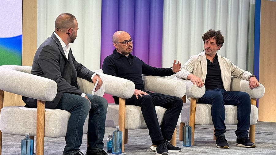<div class="paragraphs"><p>Google DeepMind CEO Demis Hassabis and Google Co-Founder Sergey Brin speak in a fireside chat at the company's annual developer conference I/O in Mountain View, California, US on, May 20, 2025.</p></div>