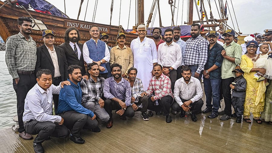 <div class="paragraphs"><p>In this image posted by PIB on May 21, 2025, Union Minister Gajendra Singh Shekhawat attends the induction ceremony of INSV Kaundinya, a recreation of a 5th-century stitched ship inspired by Ajanta murals, at the Karwar Naval Base, Karnataka.</p></div>