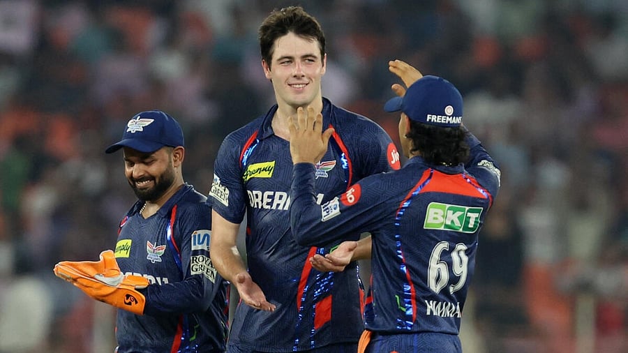 <div class="paragraphs"><p>Lucknow Super Giants' William O'Rourke celebrates after taking the wicket of Gujarat Titans' Sherfane Rutherford</p></div>