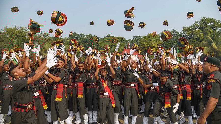 <div class="paragraphs"><p>Agniveer soldiers celebrate after their passing out parade at Danapur in Patna</p></div>