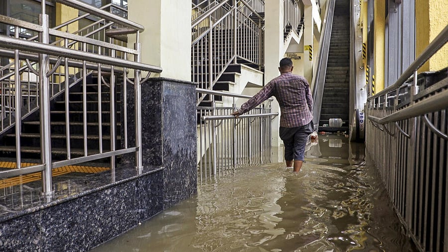 <div class="paragraphs"><p>Waterlogged Silk Board Metro Station after heavy rains, in Bengaluru.</p></div>