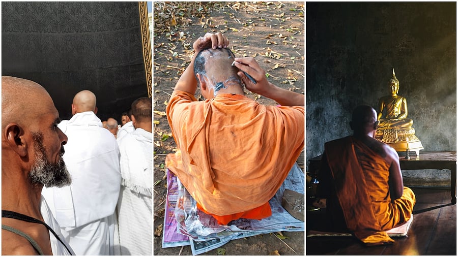 <div class="paragraphs"><p>Shaved heads: Hajj pilgrims (L); A Hindu monk (C); a Buddhish monk (R).&nbsp;Shaving the head is also a common practice during funeral ceremonies to express bereavement. However, a tuft of hair is often left behind to indicate that the person has not fully renounced the world.</p></div>