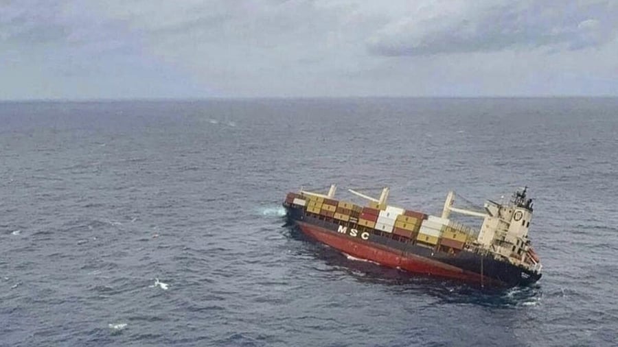 <div class="paragraphs"><p>Liberian vessel carrying marine fuel lists off Kerala coast that spilled cargo into sea.</p></div>