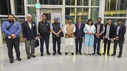 <div class="paragraphs"><p>Amulti-party delegation including JD(U) MP Sanjay Jha, Congress leader and former external affairs minister Salman Khurshid, BJP MPs Aparajita Sarangi, Brij Lal, Pradan Baruah and Hemang Joshi, TMC MP Abhishek Banerjee, CPI(M) leader John Brittas and former ambassador Mohan Kumar being received by Ambassador of India to the Republic of Korea Amit Kumar upon their arrival in Seoul, Republic of Korea.</p></div>