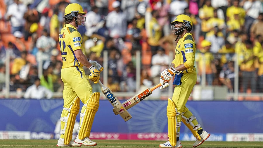<div class="paragraphs"><p>Chennai Super Kings' batters Dewald Brevis and Ravindra Jadeja during the Indian Premier League (IPL) 2025 cricket match between Gujarat Titans and Chennai Super Kings, at the Narendra Modi Stadium, in Ahmedabad, Sunday, May 25, 2025.</p></div>