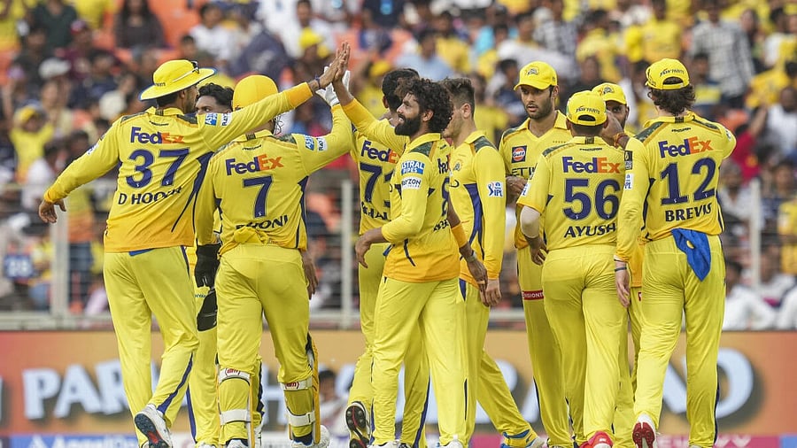 <div class="paragraphs"><p>Chennai Super Kings' bowler Ravindra Jadeja celebrates with teammates after the wicket of Gujarat Titans' batter Sai Sudharsan during the Indian Premier League (IPL) 2025 cricket match between Gujarat Titans and Chennai Super Kings, at the Narendra Modi Stadium, in Ahmedabad, Sunday, May 25, 2025.</p></div>