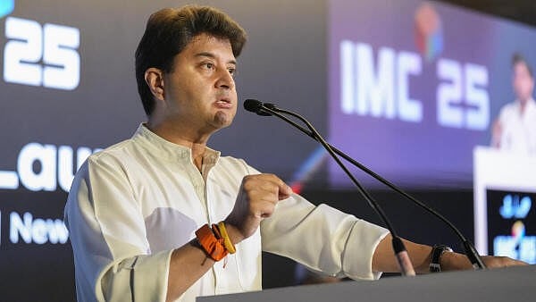 <div class="paragraphs"><p>Union Minister Jyotiraditya Scindia addresses a gathering during the India Mobile Congress 2025 Theme launch, in New Delhi, Monday, May 26, 2025.</p></div>