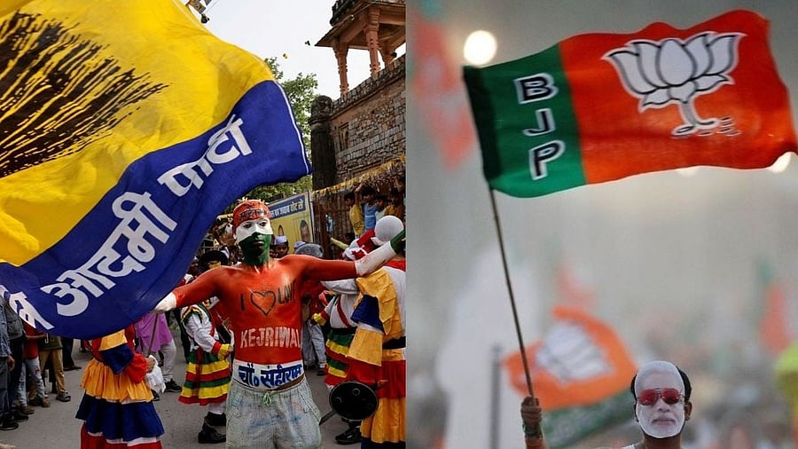 <div class="paragraphs"><p>AAP and BJP flags</p></div>