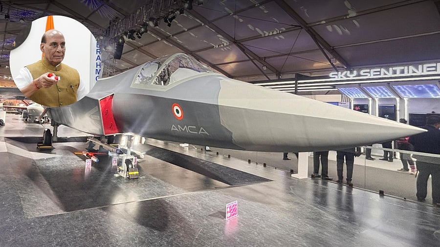 <div class="paragraphs"><p>Full-scale model of AMCA at Aero India 2025. (Inset: Rajnath Singh).</p><p></p></div>
