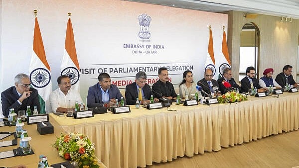 <div class="paragraphs"><p>A multi-party delegation led by NCP (SP) leader Supriya Sule briefs the media, in Qatar.</p></div>