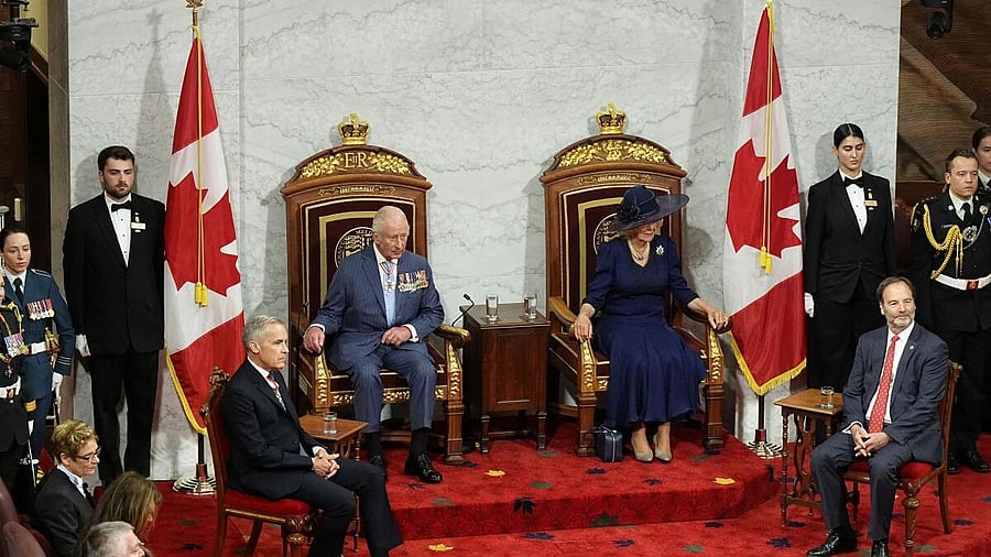 <div class="paragraphs"><p>King Charles III and Queen Camilla sit in the Thrones beside Prime Minister of Canada Mark Carney and Senator Marc Gold, Government Representative in the Senate Chamber at the Senate of Canada Building for the State Opening of the Parliament of Canada, as part of the Royals' two-day visit to Canada, in Ottawa May 27, 2025. </p></div>