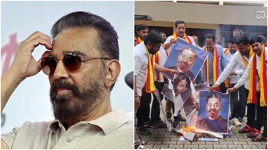 <div class="paragraphs"><p>Actor Kamal Hassan (L). Kannada organisations protesting against the actor's comments.&nbsp;</p></div>