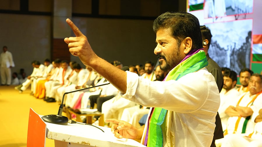 <div class="paragraphs"><p>Telangana CM Revanth Reddy addresses a gathering at the 'Jai Hind Yatra' in Hyderabad.&nbsp;</p></div>