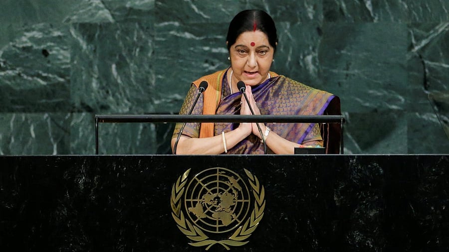 <div class="paragraphs"><p>Former External Affairs Minister Sushma Swaraj addresses the 72nd United Nations General Assembly at U.N. headquarters in New York, U.S., September 23, 2017.</p></div>