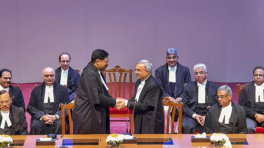 <div class="paragraphs"><p> In this screengrab from a video posted by the Supreme Court of India (SCI) website on May 30, 2025, Chief Justice of India (CJI) B R Gavai after administering the oath of office to Justice N V Anjaria during his swearing-in ceremony as Supreme Court judge, in New Delhi. </p></div>