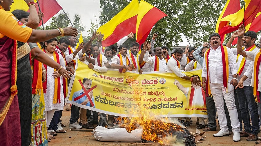 <div class="paragraphs"><p>Members of Kannada Rakshana Vedike burn an effigy during a protest against actor Kamal Haasan over his "Tamil gave birth to Kannada" remarks, in Bengaluru, Karnataka, Friday, May 30, 2025.</p></div>