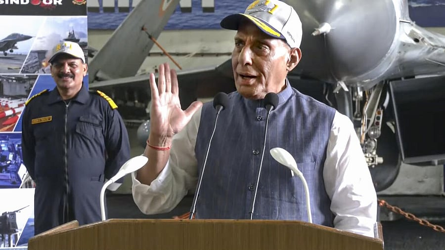 <div class="paragraphs"><p>In this screengrab from a video posted by @rajnathsingh via X on May 30, 2025, Union Defence Minister Rajnath Singh addresses naval officers during an interaction aboard aircraft carrier INS Vikrant. Chief of the Naval Staff (CNS) Admiral Dinesh K Tripathi is also seen.&nbsp;</p></div>