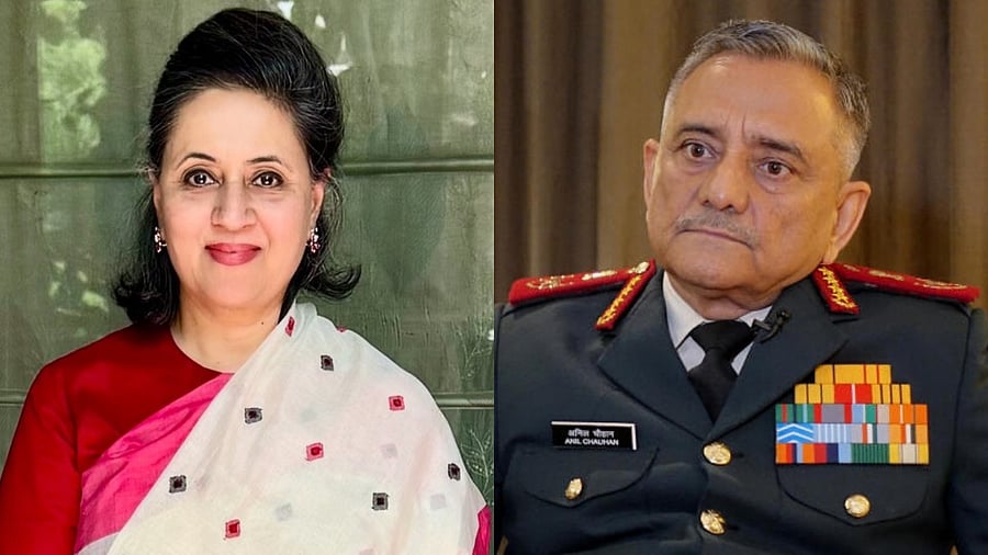 <div class="paragraphs"><p>TMC's Sagarika Ghose (L) and Chief of Defence Staff General Anil Chauhan (R).</p></div>