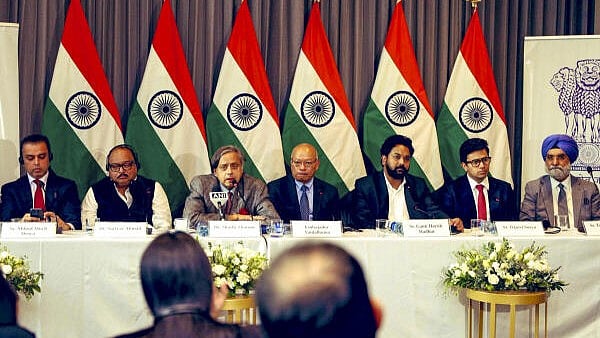 <div class="paragraphs"><p>A multi-party delegation led by Congress MP Shashi Tharoor during a press interaction, in Colombia.</p></div>