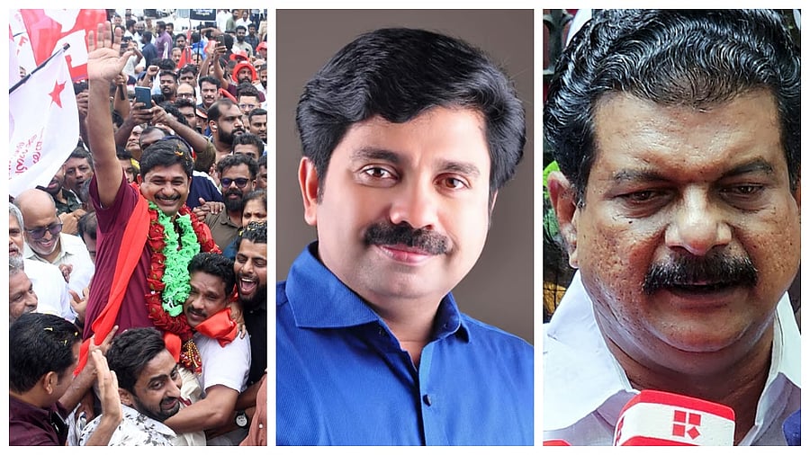 <div class="paragraphs"><p>LDF's candidate M Swaraj (L), UDF's Aryadan Shoukath (C) and TMC's P V Anvar.</p></div>