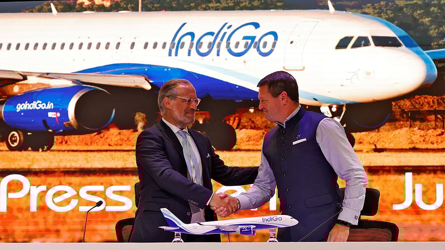 <div class="paragraphs"><p>IndiGo CEO Pieter Elbers and Airbus EVP Sales Commercial Aircraft Benoit de Saint-Exupery shake hands after signing a memorandum of understanding  meeting in New Delhi, India, June 1, 2025. </p></div>