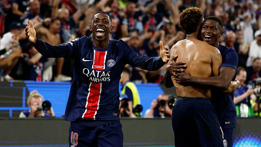 <div class="paragraphs"><p>Paris St Germain's Desire Doue celebrates scoring their third goal with Ousmane Dembele and Nuno Mendes.</p></div>