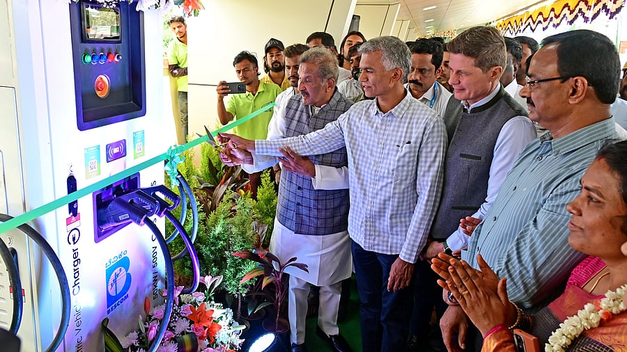 <div class="paragraphs"><p>Energy Minister KJ George at the inauguration of the EV charging station on Monday. Revenue Minister Krishna Byre Gowda and Bescom Managing Director N Shivashankar were also present. </p></div>