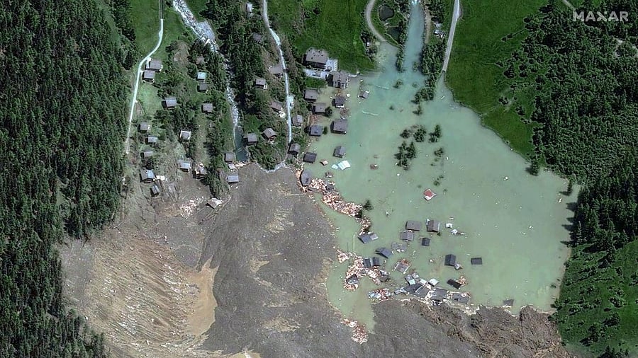 <div class="paragraphs"><p>A satellite image shows the closer view of destroyed houses and blocked Ionza River, after a glacier in the Swiss Alps partially collapsed and tumbled onto the village, in Blatten, Switzerland</p><p></p></div>