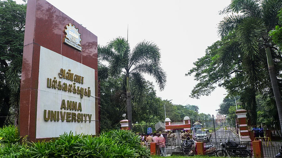 <div class="paragraphs"><p>Police personnel stand guard at the entrance of Anna University after the alleged sexual assault of its girl student, in Chennai, Thursday, Dec. 26, 2024.</p></div>