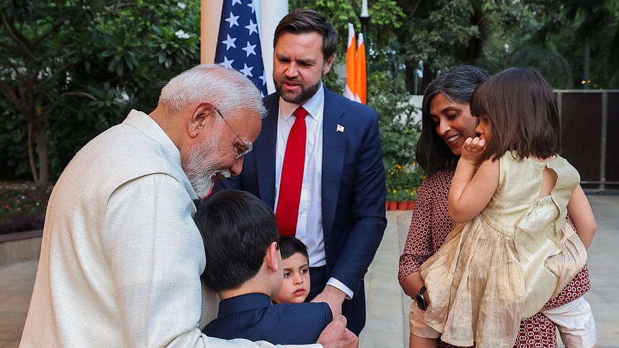 <div class="paragraphs"><p>In this image via PMO on April 21, 2025, Prime Minister Narendra Modi during a meeting with US Vice President JD Vance, Second Lady Usha Vance and their children, in New Delhi. </p></div>