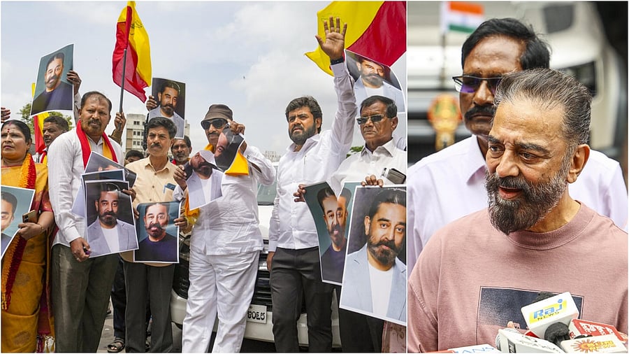<div class="paragraphs"><p>Kannada activists hold posters of actor Kamal Haasan during a protest against the latter for his remarks about the Kannada language, (L) and Kamal Haasan</p></div>