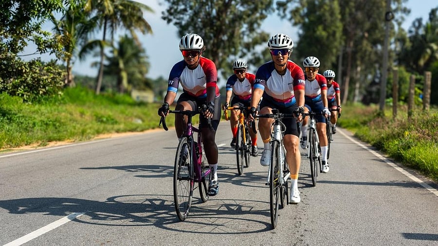 Members of Spokes Women ride towards Nandi Hills.