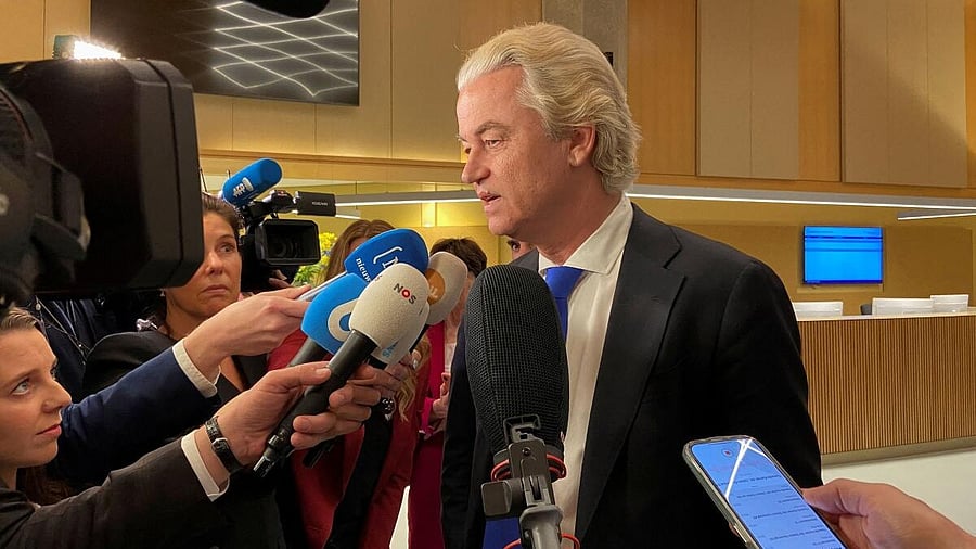 <div class="paragraphs"><p>Dutch far-right leader Geert Wilders speaks to media in The Hague, Netherlands after polls closed in an EU election on June 6, 2024.</p></div>