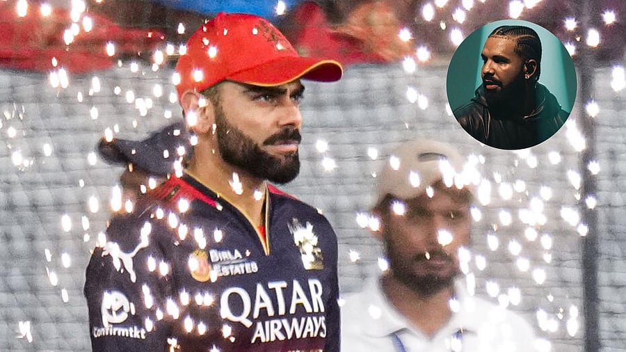 <div class="paragraphs"><p>RCB's Virat Kohli is seen here with an inset image showing rapper Drake</p></div>