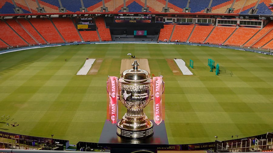 <div class="paragraphs"><p> The Indian Premier League (IPL) 2025 trophy at the Narendra Modi Stadium ahead of the final match between Punjab Kings and Royal Challengers Bengaluru, in Ahmedabad.</p></div>