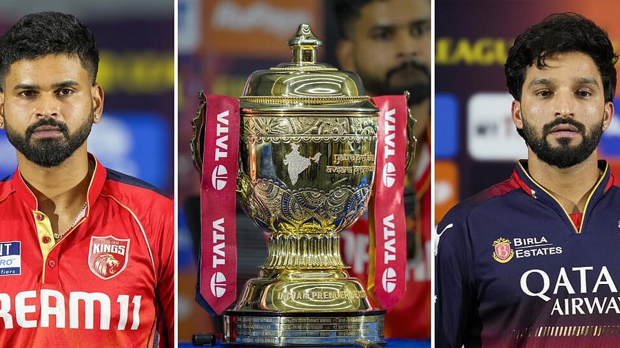 <div class="paragraphs"><p> Images showing the Indian Premier League (IPL) 2025 trophy, centre, Punjab Kings' captain Shreyas Iyer, left, and Royal Challengers Bengaluru's captain Rajat Patidar, right, during a press conference on the eve of the final cricket match between RCB and PBKS, in Ahmedabad on June 2, 2025. </p></div>