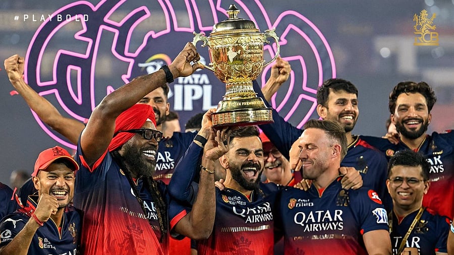 <div class="paragraphs"><p>RCB players celebrate with the IPL trophy.</p></div>