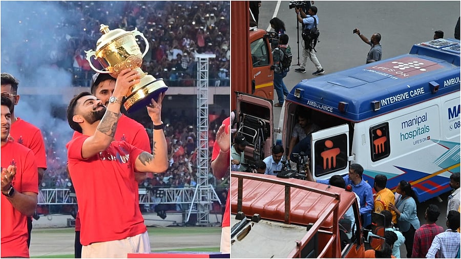 <div class="paragraphs"><p>The RCB team with the trophy inside the Chinnaswamy stadium(L), ambulance outside the grounds after the stampede that killed 11.</p></div>